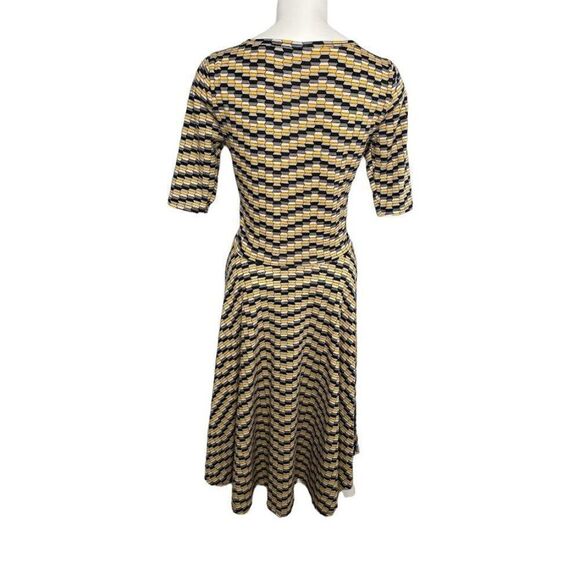 LuLaRoe NICOLE Fit Flare A LIne Yellow Black Gray Geometric Print Dress Medium - Picture 3 of 8